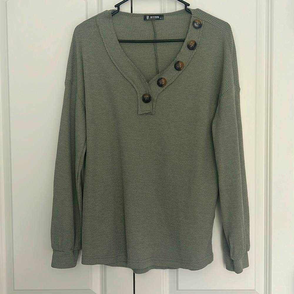 Waffle Knit Shirt V-Neck Long Sleeve Casual Slouchy Loose Blouses Pullover